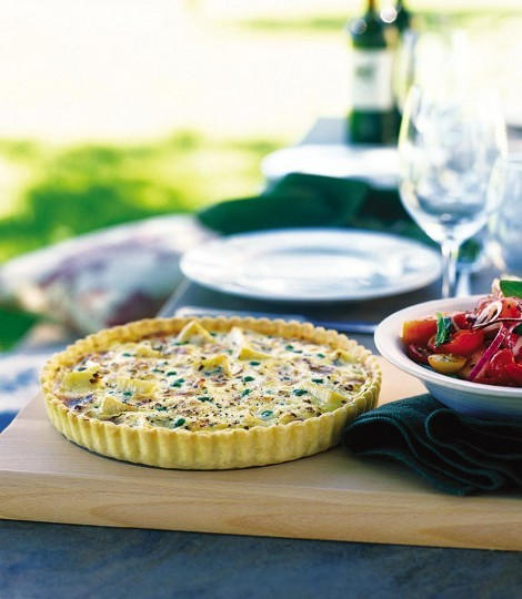 Pea, pancetta and soft cheese tart