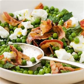 Pea, pancetta, feta and mint salad