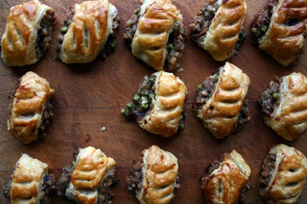 Pea, pearl barley and stuffing sausage rolls