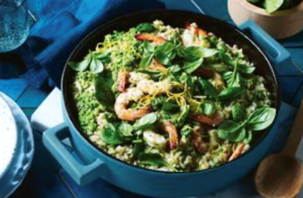 Pea pesto and prawn risotto