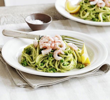 Pea pesto and prawn spaghetti