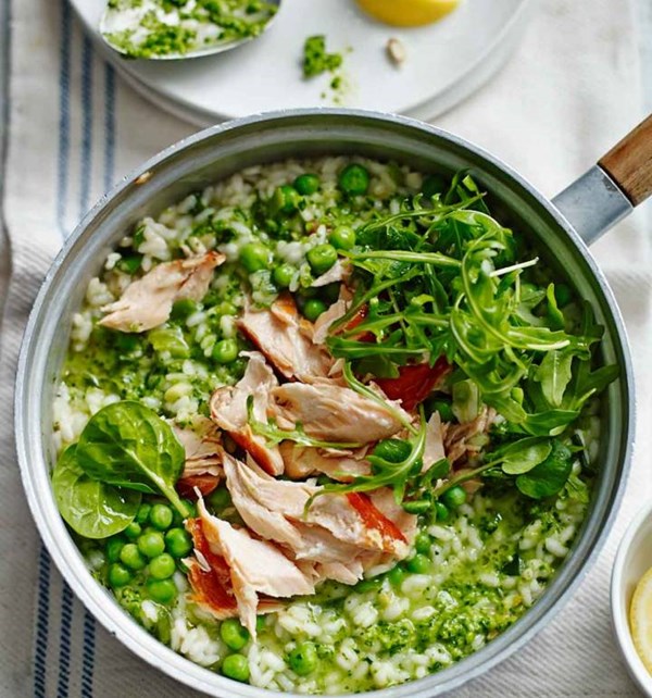 Pea pesto risotto with honey roast salmon