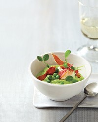 Pea porridge with fresh cheese and ham