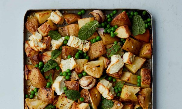Pea, potato, lemon and feta traybake