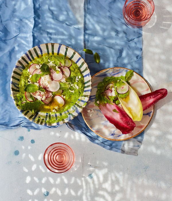 Pea, preserved lemon & mint dip with radish salsa and feta