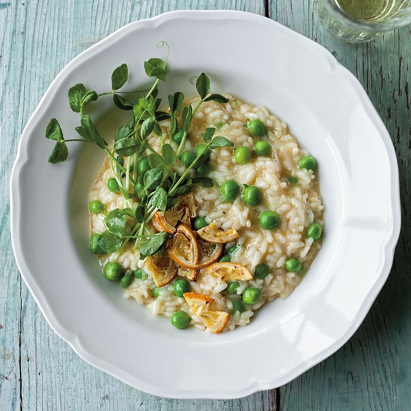 Pea risotto with pea shoots and roasted Meyer lemon