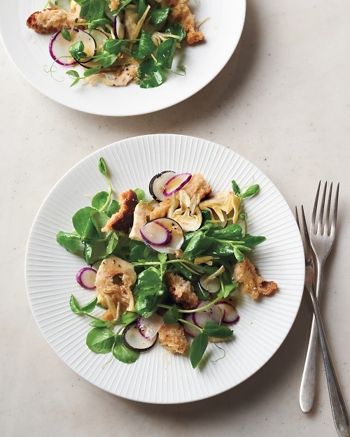 Pea-shoot and baby-artichoke salad with Parmesan croutons