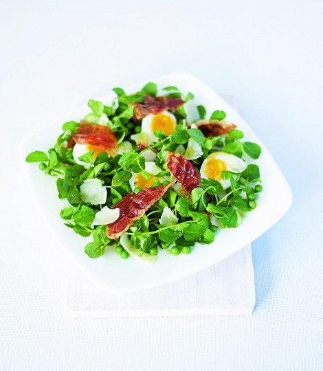 Pea shoot and egg salad with Parma ham and pecorino