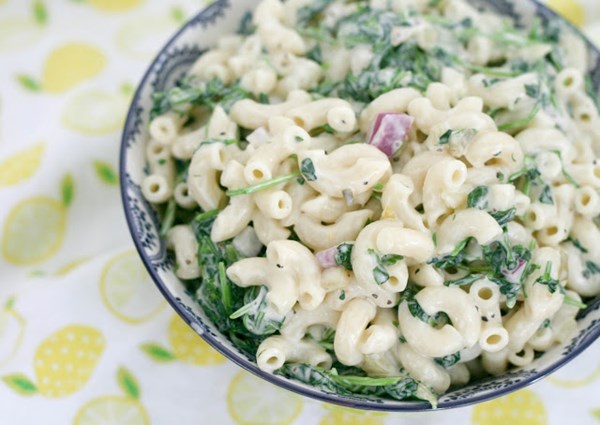 Pea shoot macaroni salad