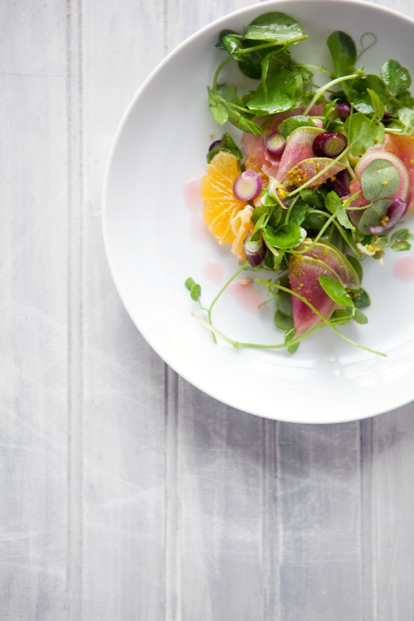 Pea shoot, orange, watermelon radish and bonito salad