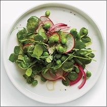 Pea shoot salad with radishes and pickled onion