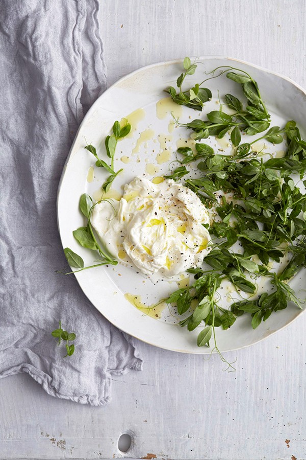 Pea shoots with burrata, lemon olive oil, and toasted sesame seeds