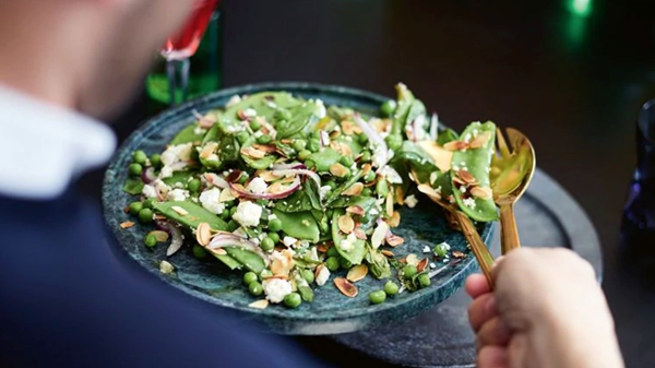 Pea, snow pea, almond & feta salad