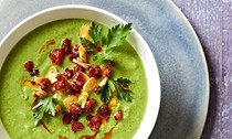 Pea soup with almond and chorizo crumbs