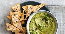 Pea, spring onion and black lime hummus with pitta chips