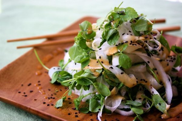 Pea tendril and daikon noodle salad