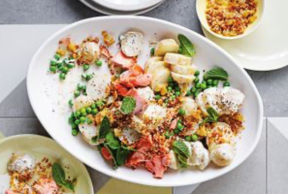 Pea, trout and potato salad, caramelised garlic dressing