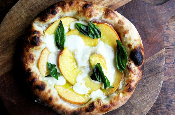Peach & basil pizza