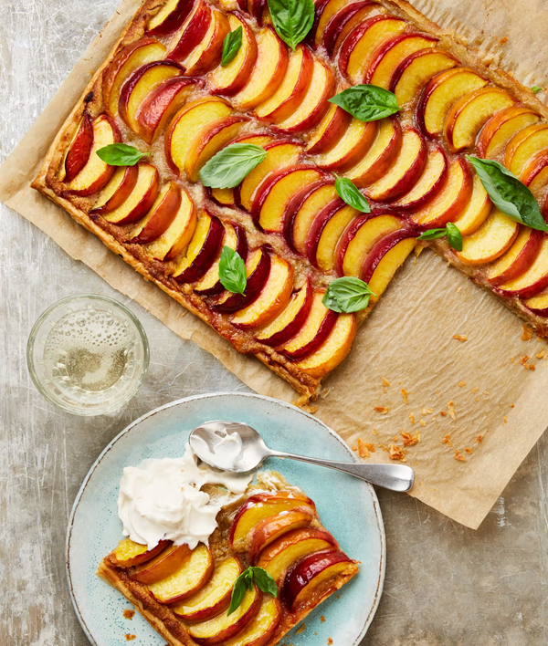 Peach, almond, cardamom and basil puff tart