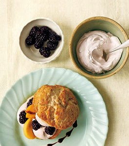 Peach and blackberry shortcakes with blackberry cream