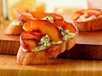 Peach and blue cheese bruschetta drizzled with honey