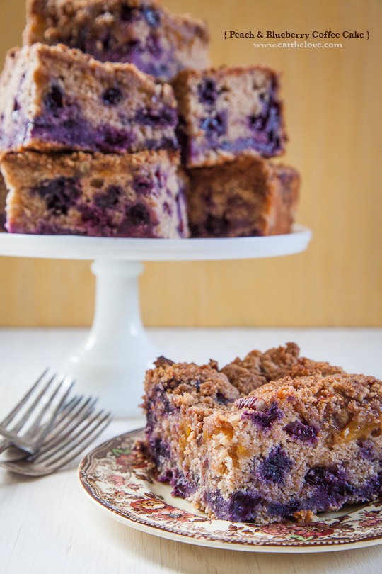 Peach and blueberry coffee cake