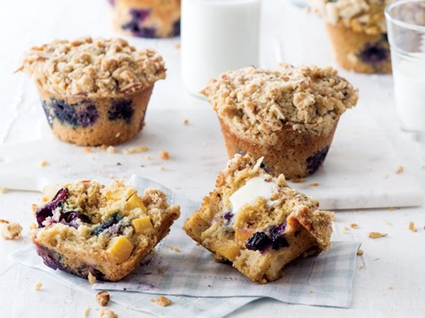 Peach and blueberry cornmeal muffins