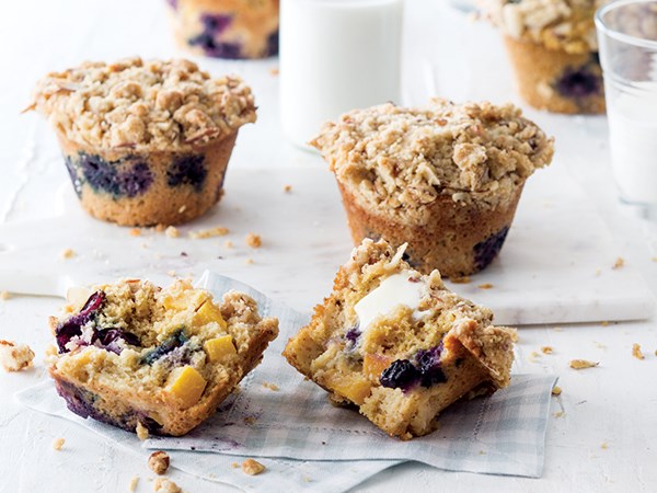 Peach and blueberry cornmeal muffins