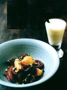 Peach and cherry salad with pistachio milk shake