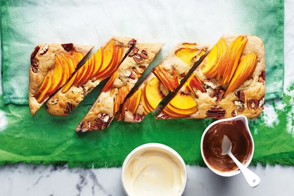 Peach and pecan buckwheat pancake slice