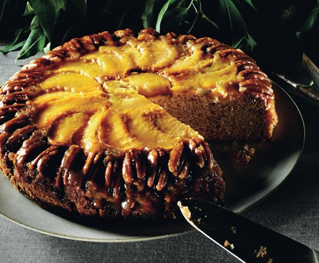 Peach and pecan upside-down cake