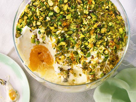 Peach and pistachio trifle