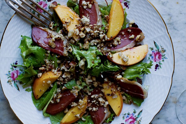 Peach and smoked duck bacon salad