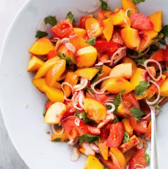 Peach and tomato salad with pancetta and basil
