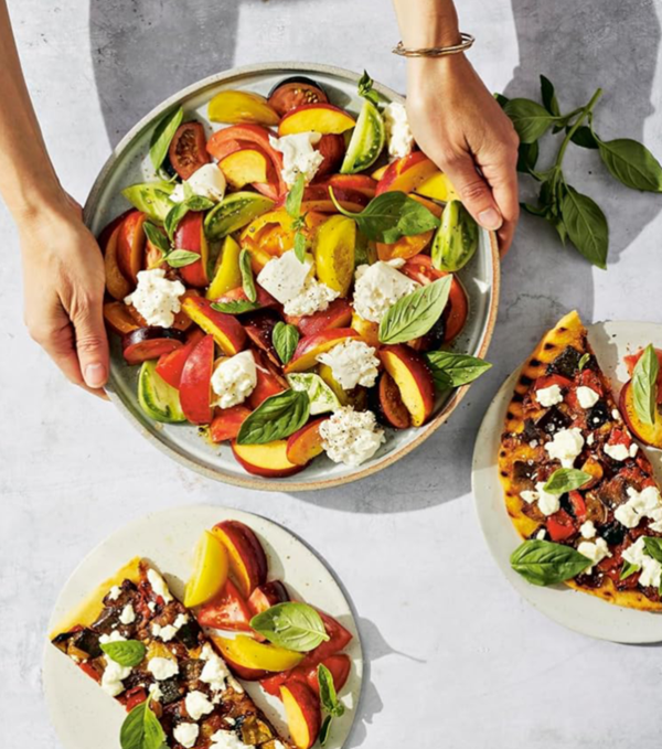 Peach and tomato salad with basil and balsamic