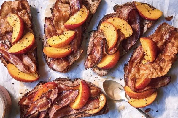 Peach, bacon, & tahini toasts