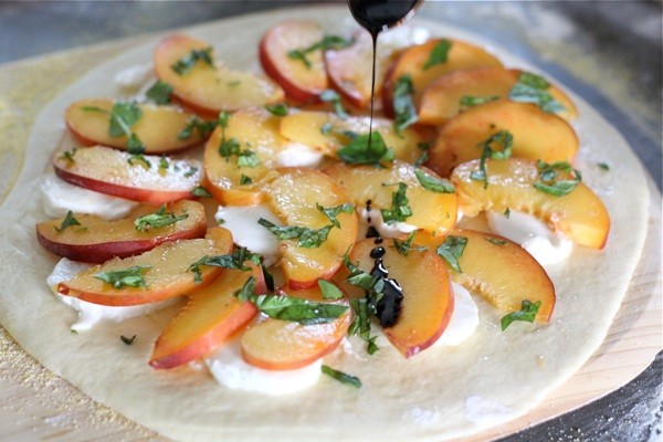 Peach, basil, mozzarella, & balsamic pizza