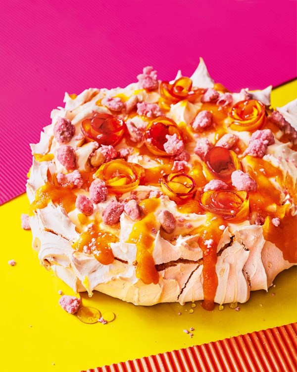Peach Bellini and pink praline Pavlova