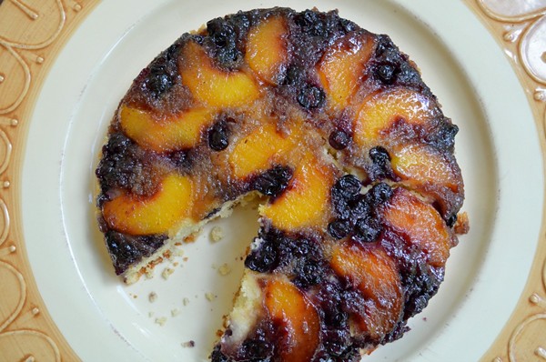 Peach, blueberry & cardamom upside-down cake
