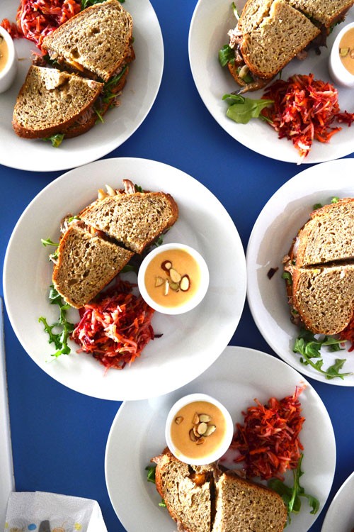 Peach-braised pulled pork sandwiches with Dijon-peach spread