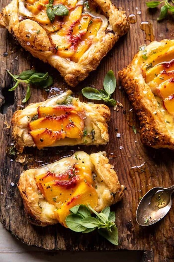Peach Brie pastry tarts with peppered rosemary honey