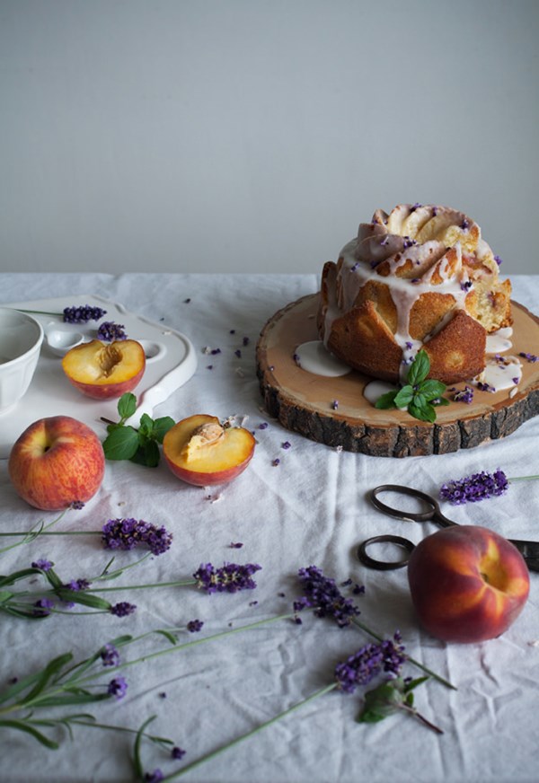 Peach bundt cake with lemon glaze and lavender