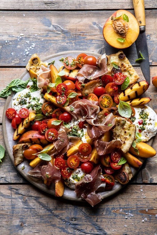 Peach Caprese salad with toasted garlic naan
