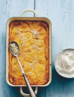Peach clafoutis with buttermilk sorbet and rosemary sugar