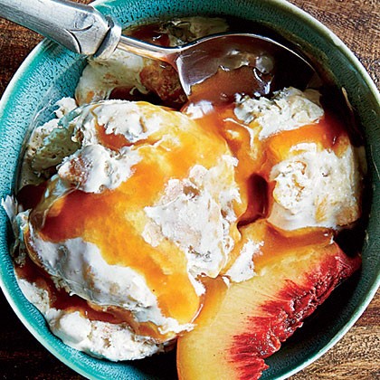 Peach cobbler ice cream with bourbon-caramel sauce