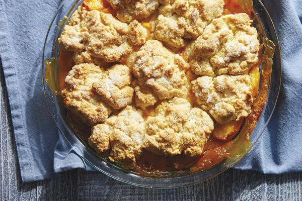 Peach cobbler with brown rice drop biscuits