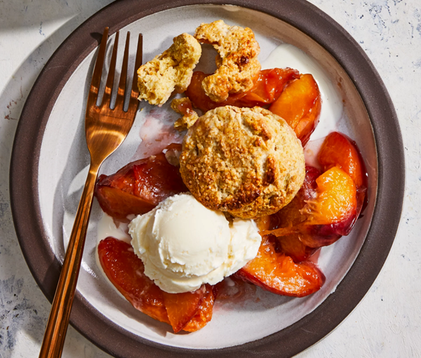 Peach cobbler with ginger biscuits