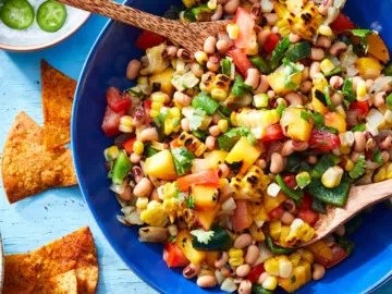 Peach-corn caviar with lime-chili chips