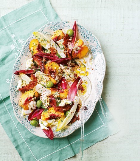 Peach, crispy pancetta, olive and mozzarella salad