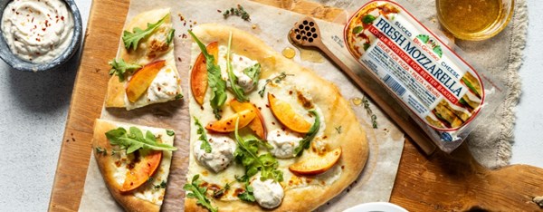 Peach flatbreads with hot honey ricotta